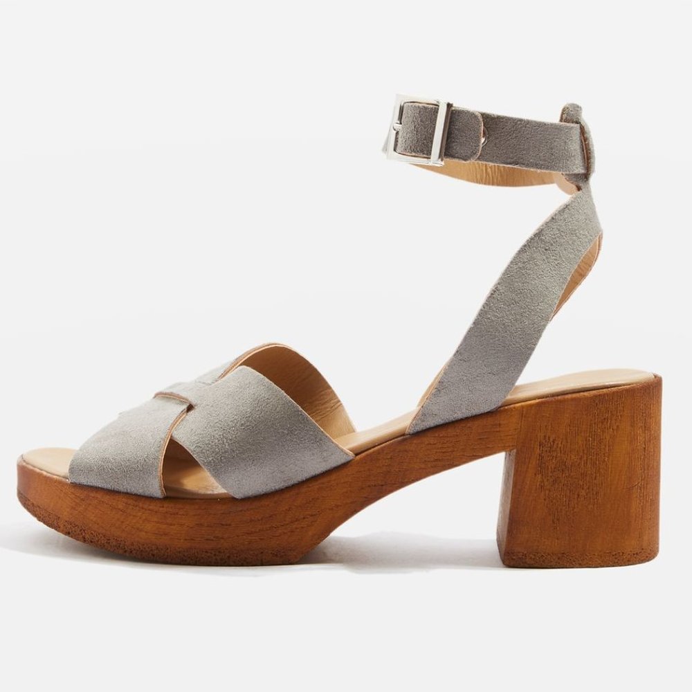 Topshop Grey Suede Wooden Block Heel Sandals - Size 7 - Worn once – Like new